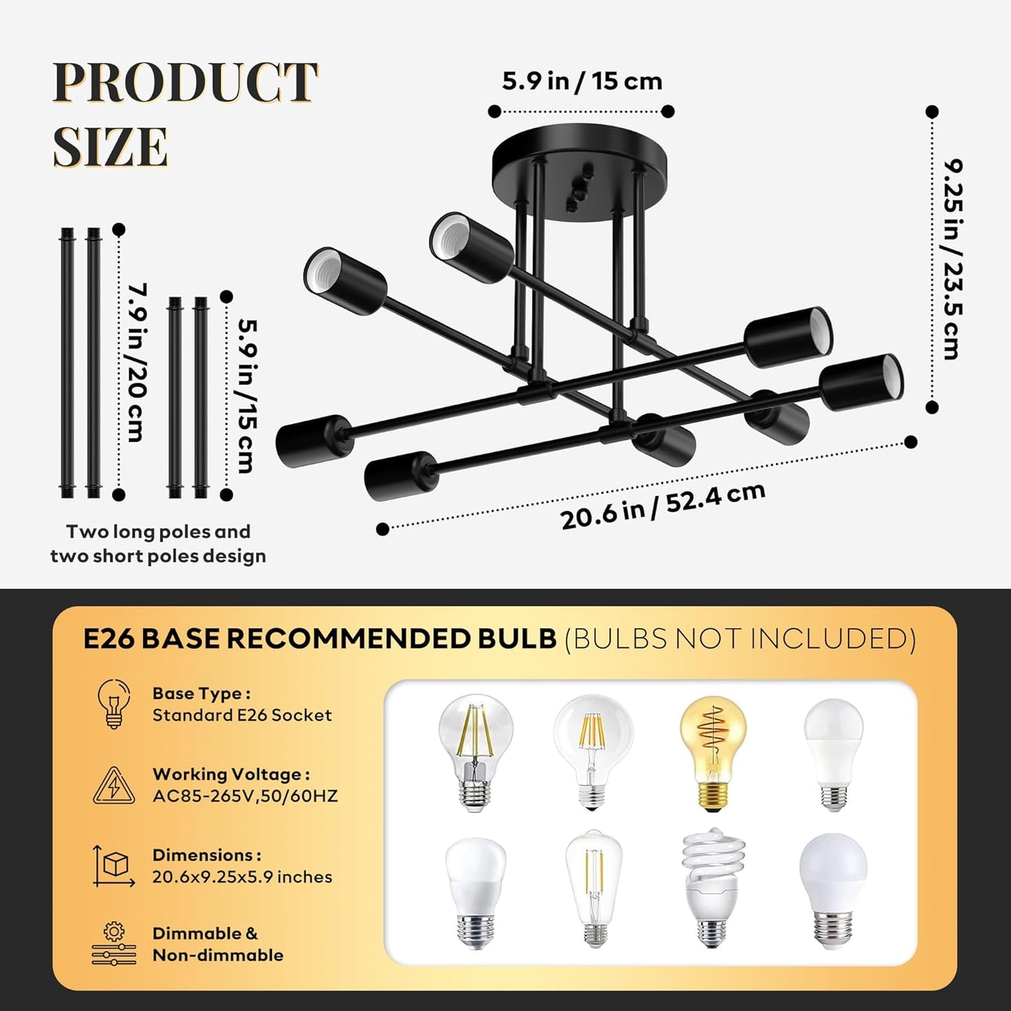 Modern Sputnik Chandelier Ceiling Light Fixtures, 8-Lights Mid Century Industrial Metal Semi Flush Mount for Dining Room, Bedroom, Living Room-Black