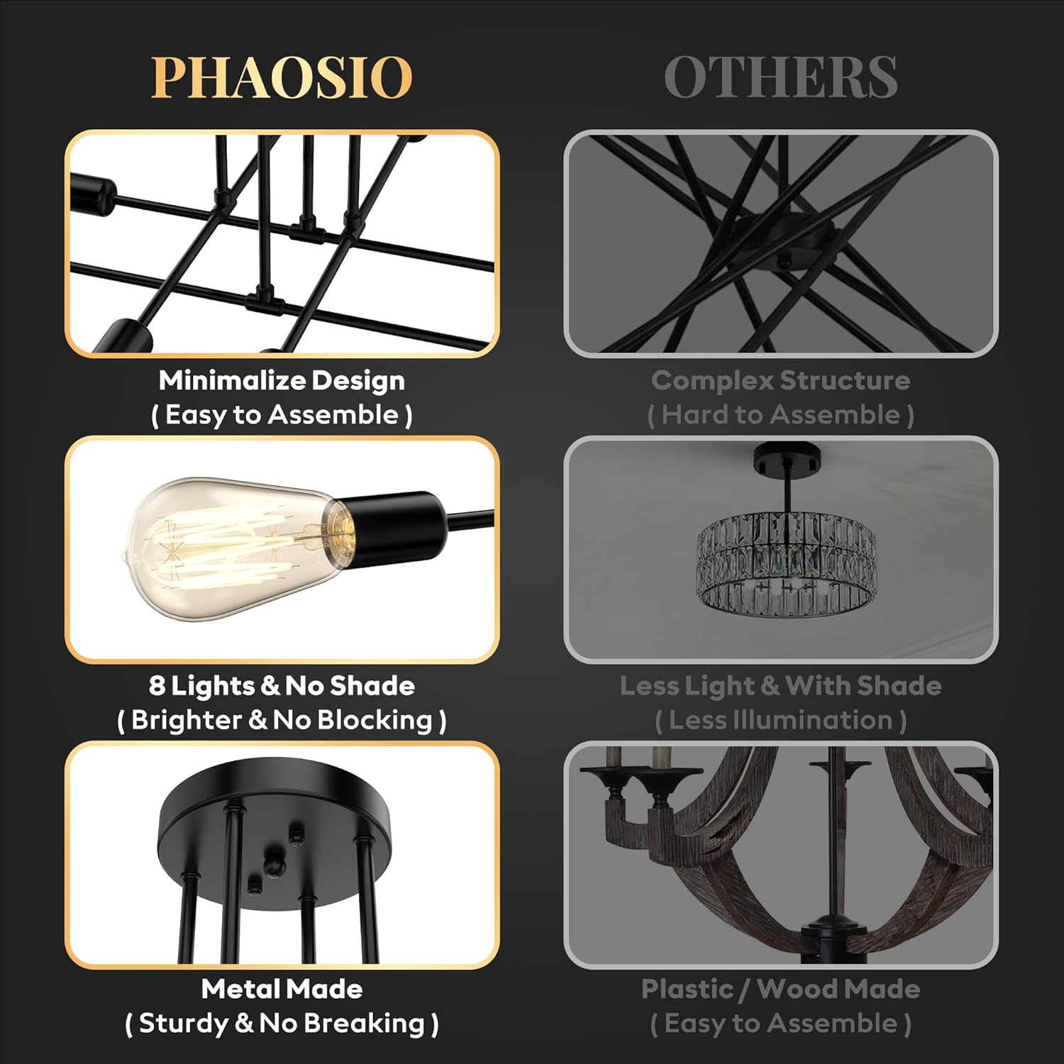 Modern Sputnik Chandelier Ceiling Light Fixtures, 8-Lights Mid Century Industrial Metal Semi Flush Mount for Dining Room, Bedroom, Living Room-Black