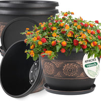 4 Pack 16 inch Plant Pots, Retro Pattern Planters with Drainage Holes and Saucer, Sturdy Plastic Garden Flower Pots for Indoor & Outdoor Plants