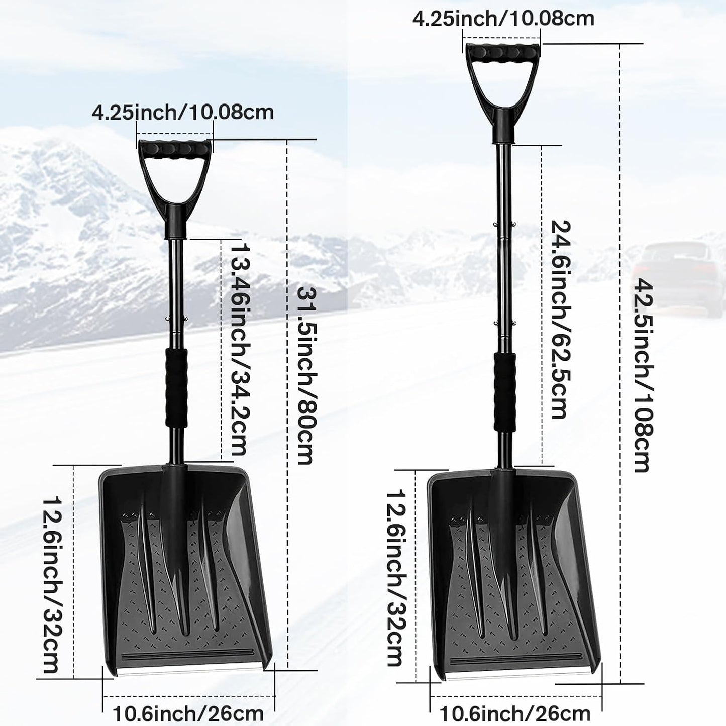 Snow Shovel, Upgrade Emergency Snow Shovel for Driveway with Aluminum Handle Large Capacity Lightweight and Adjustable Portable Survival Shovel for Home, Garden, Camping, Mud and Snowman(Black)