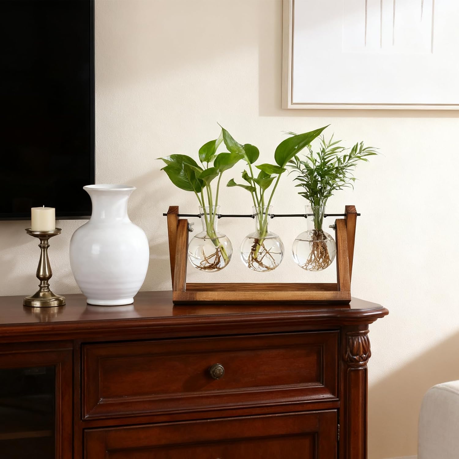 Plant Propagation Station, Plant Terrarium with Wooden Stand, Unique Gardening Birthday Gifts for Women Plants Lovers, Home Office Garden Decor Planter - 3 Bulb Glass Vases