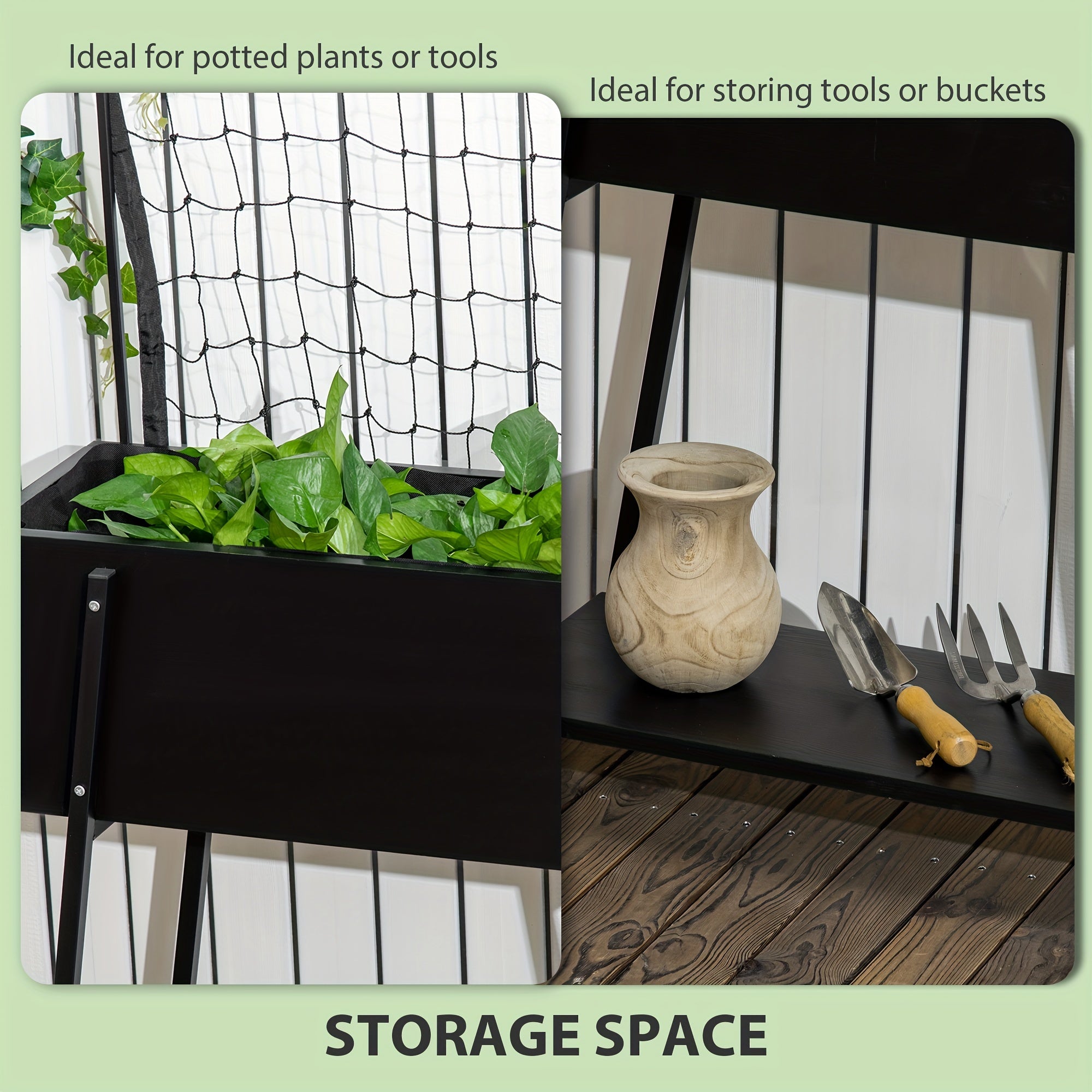 Raised Garden Bed Portable with Climbing Grid Trellis & Storage Shelf