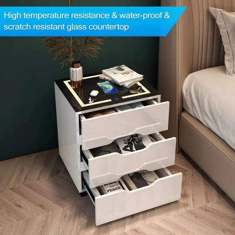 Nightstand Side Table with Wireless Charging Station, LED Lights & 3 Drawers