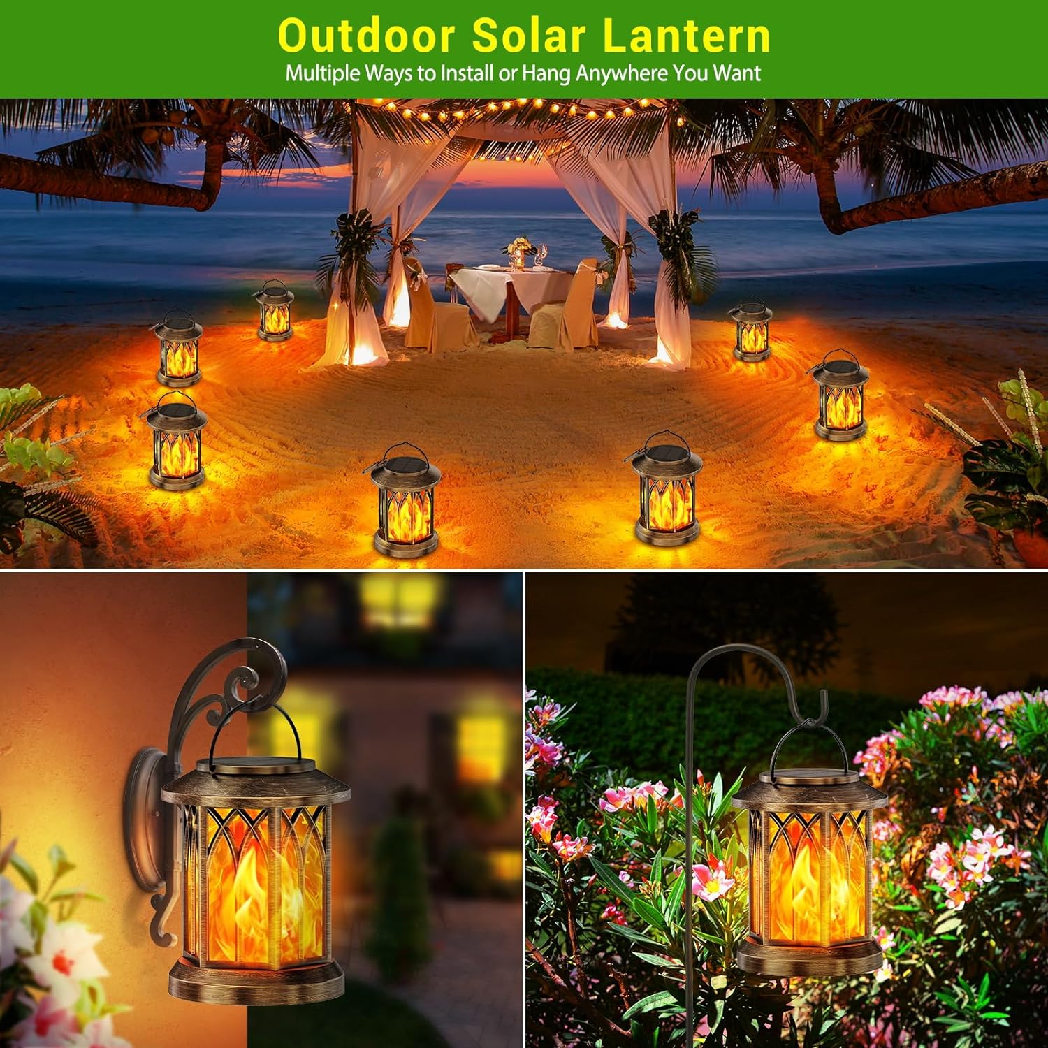 2 Pcs Solar Lanterns with Flickering Flame