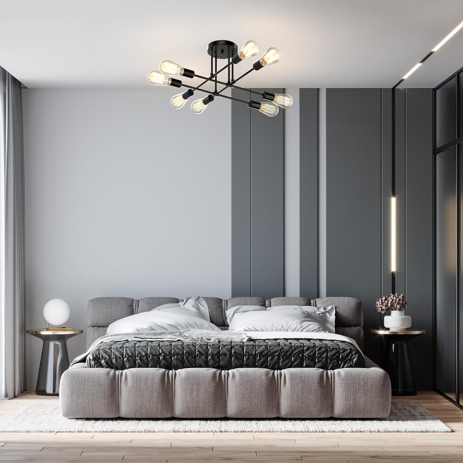 Modern Sputnik Chandelier Ceiling Light Fixtures, 8-Lights Mid Century Industrial Metal Semi Flush Mount for Dining Room, Bedroom, Living Room-Black