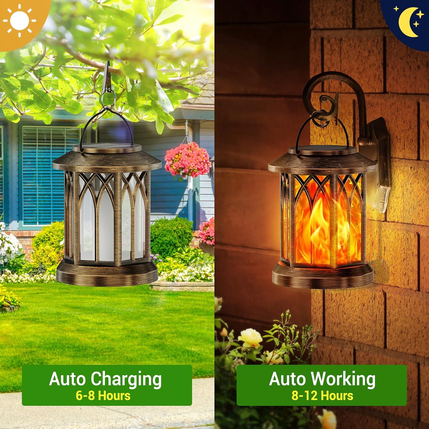 2 Pcs Solar Lanterns with Flickering Flame