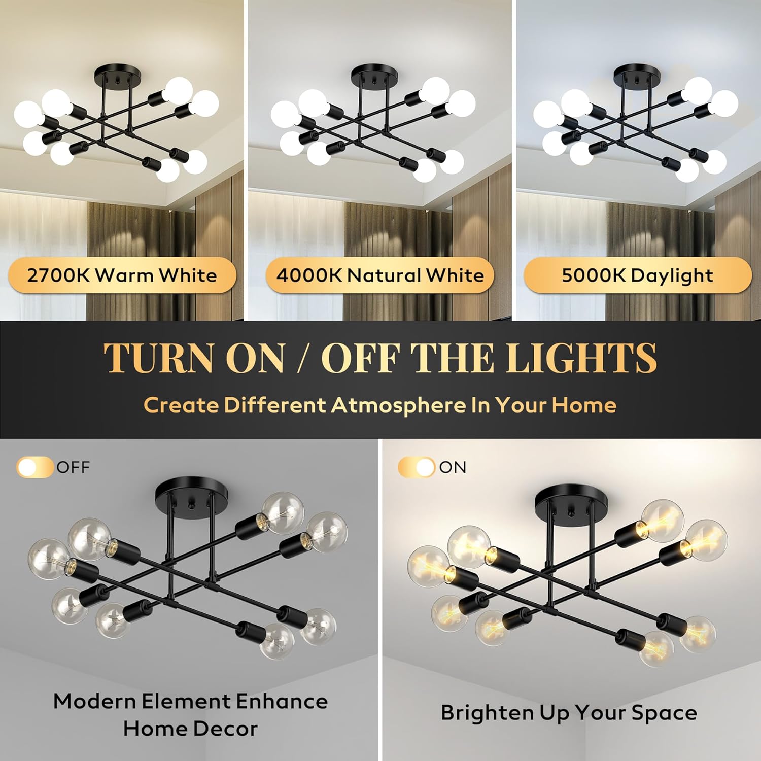 Modern Sputnik Chandelier Ceiling Light Fixtures, 8-Lights Mid Century Industrial Metal Semi Flush Mount for Dining Room, Bedroom, Living Room-Black
