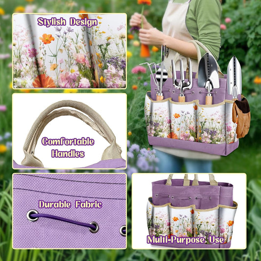 Gardening Tools Set 9-Piece Heavy-Duty Gardening Gifts for Women Mom Wife Gardening Hand Tools with Purple Floral Tote Bag and Repotting Mat, halilus Stainless Steel Garden Supplies Kit