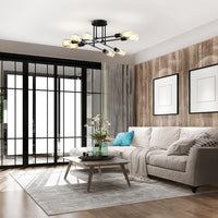 Modern Sputnik Chandelier Ceiling Light Fixtures, 8-Lights Mid Century Industrial Metal Semi Flush Mount for Dining Room, Bedroom, Living Room-Black