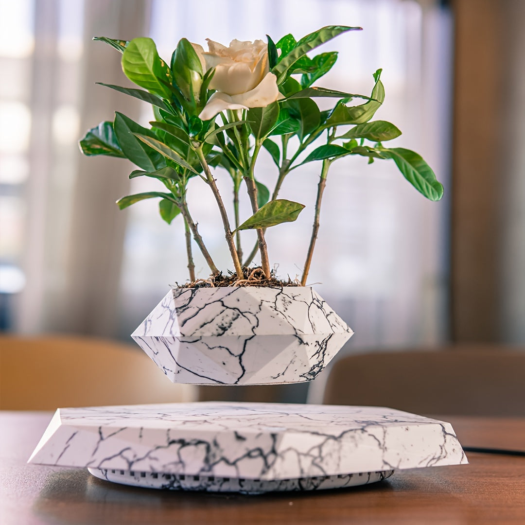 Levitating Planter Pot, Black, Wooden and Marble