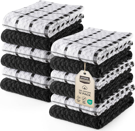 Utopia Towels - Kitchen Towels 12 Pack, 15 x 25 Inches, 100% Ring Spun Cotton Super Soft and Absorbent Linen Dish, Tea and Bar Towels Set, Black