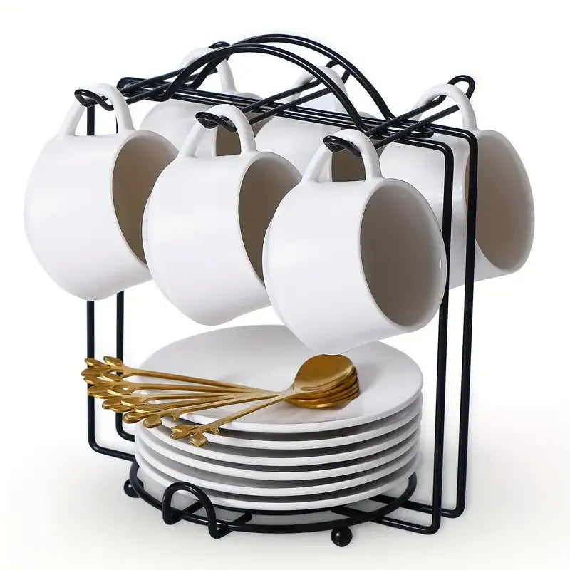 Ceramic Espresso Cup Set with Saucers, Spoons and Stand