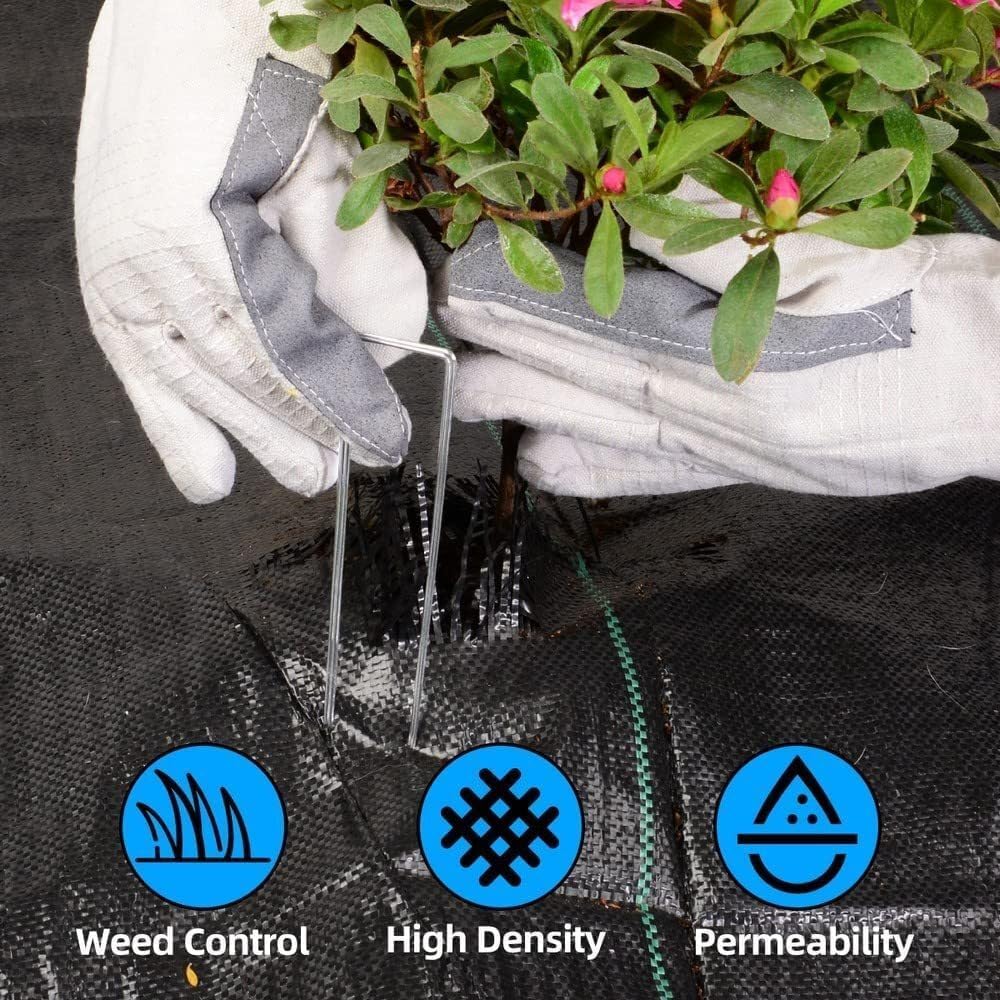 Person planting a potted plant on a weed control fabric with icons indicating weed control, high density, and permeability.