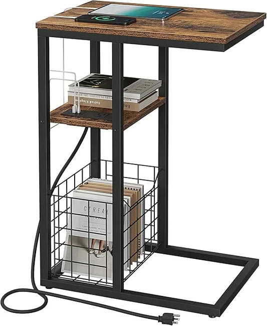 Upgraded C Shaped End Table with Charging Ports and Organizer