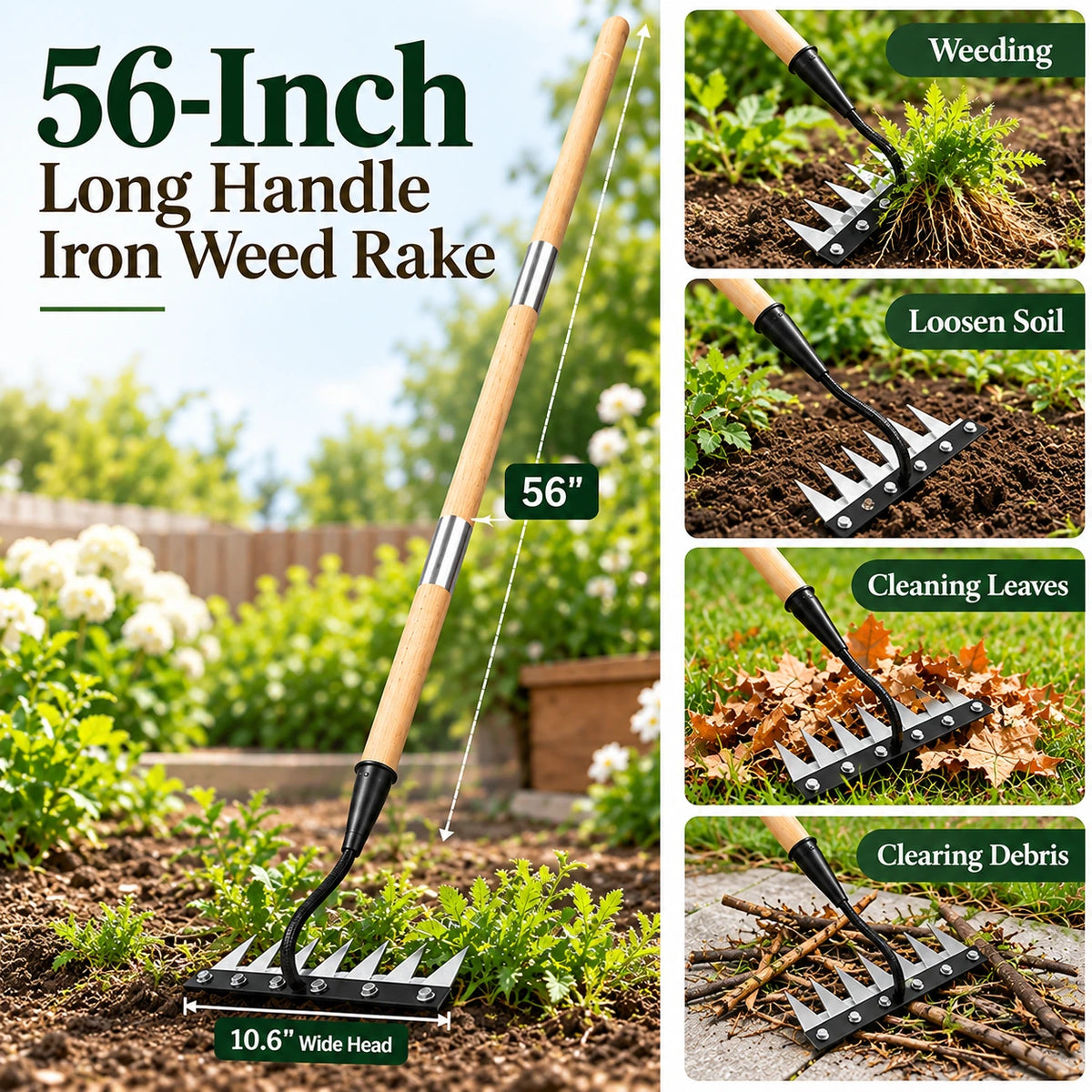 56-inch Long Handle Iron Weed Rake