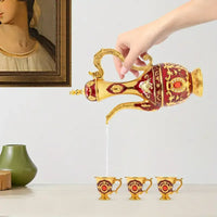Vintage Metal Turkish Tea Pot Set, Gold, Red, White & Silver