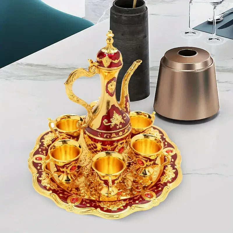 Vintage Metal Turkish Tea Pot Set, Gold, Red, White & Silver