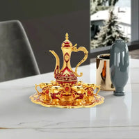Vintage Metal Turkish Tea Pot Set, Gold, Red, White & Silver