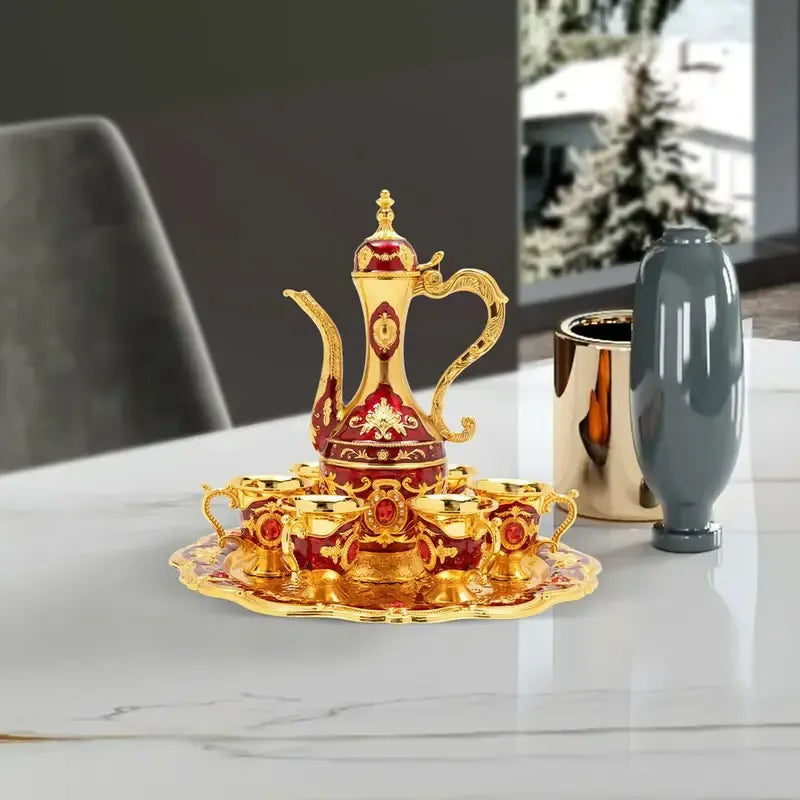 Vintage Metal Turkish Tea Pot Set, Gold, Red, White & Silver