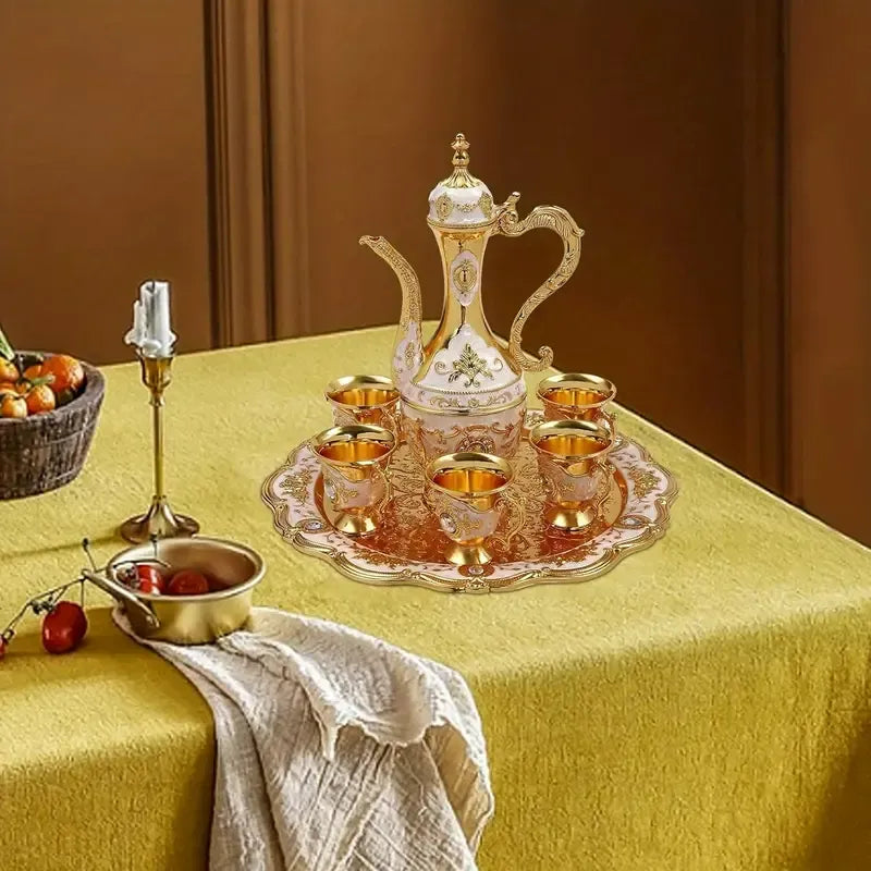 Vintage Metal Turkish Tea Pot Set, Gold, Red, White & Silver