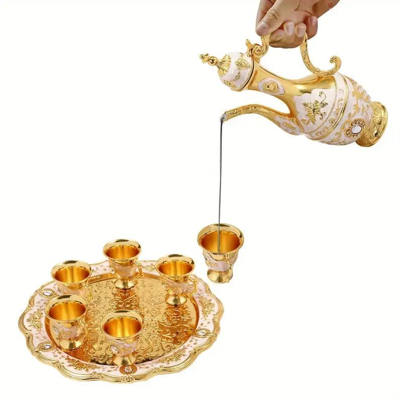 Vintage Metal Turkish Tea Pot Set, Gold, Red, White & Silver