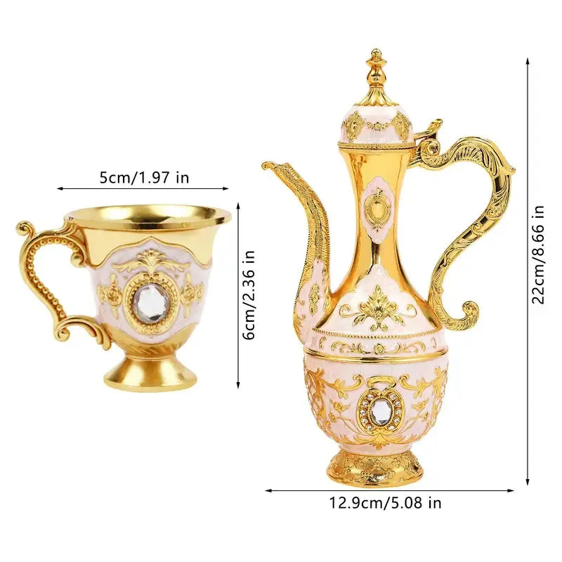 Vintage Metal Turkish Tea Pot Set, Gold, Red, White & Silver