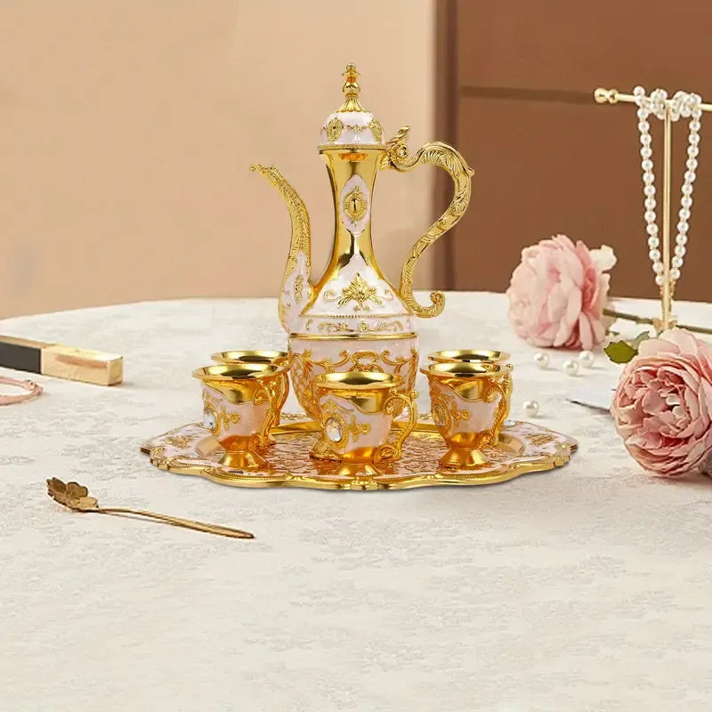 Vintage Metal Turkish Tea Pot Set, Gold, Red, White & Silver