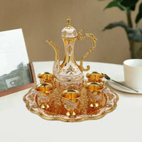 Vintage Metal Turkish Tea Pot Set, Gold, Red, White & Silver