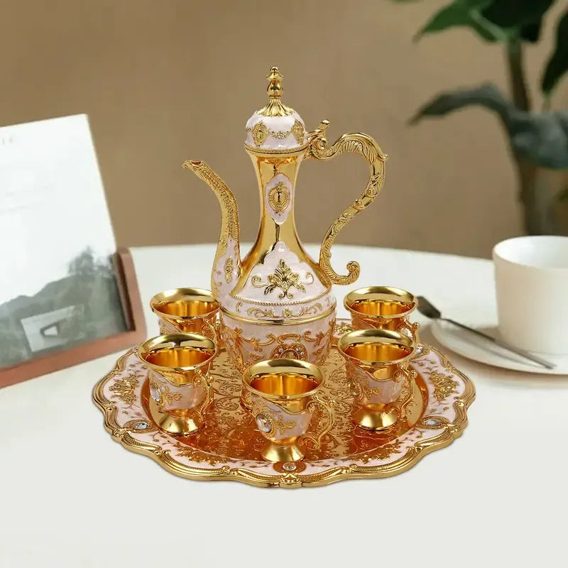 Vintage Metal Turkish Tea Pot Set, Gold, Red, White & Silver