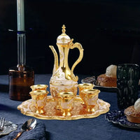 Vintage Metal Turkish Tea Pot Set, Gold, Red, White & Silver