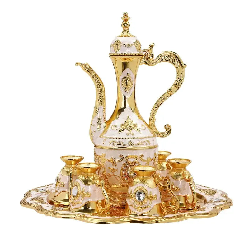 Vintage Metal Turkish Tea Pot Set, Gold, Red, White & Silver