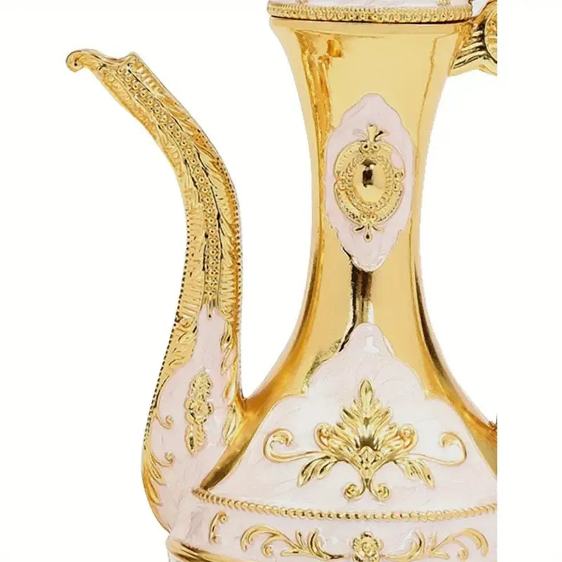 Vintage Metal Turkish Tea Pot Set, Gold, Red, White & Silver