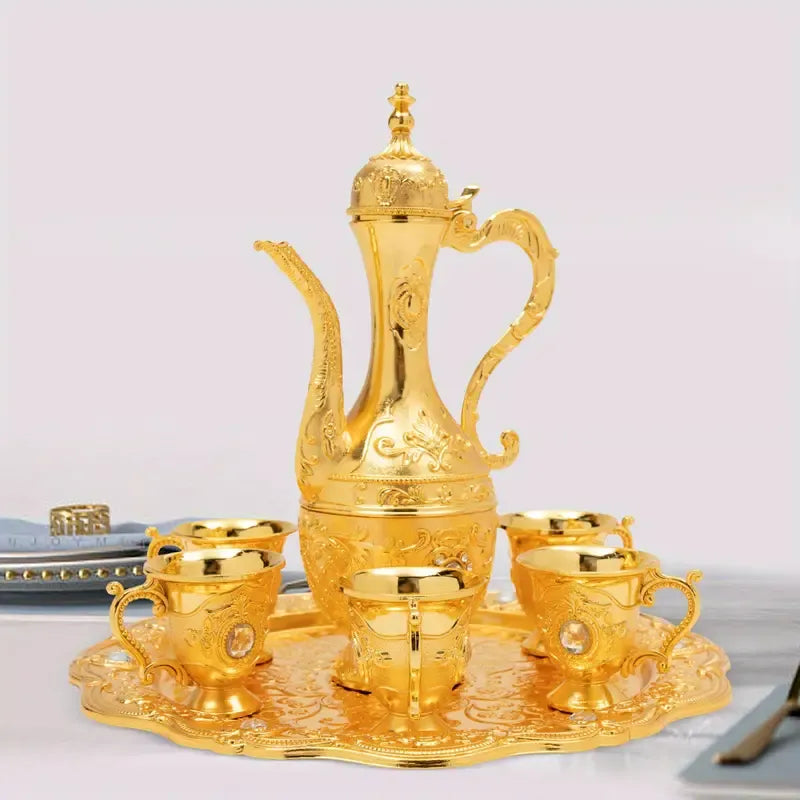 Vintage Metal Turkish Tea Pot Set, Gold, Red, White & Silver