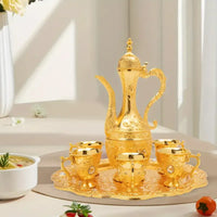 Vintage Metal Turkish Tea Pot Set, Gold, Red, White & Silver