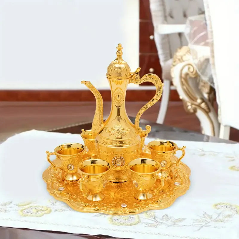 Vintage Metal Turkish Tea Pot Set, Gold, Red, White & Silver
