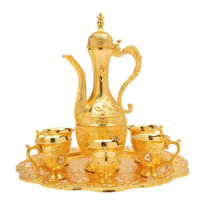 Vintage Metal Turkish Tea Pot Set, Gold, Red, White & Silver