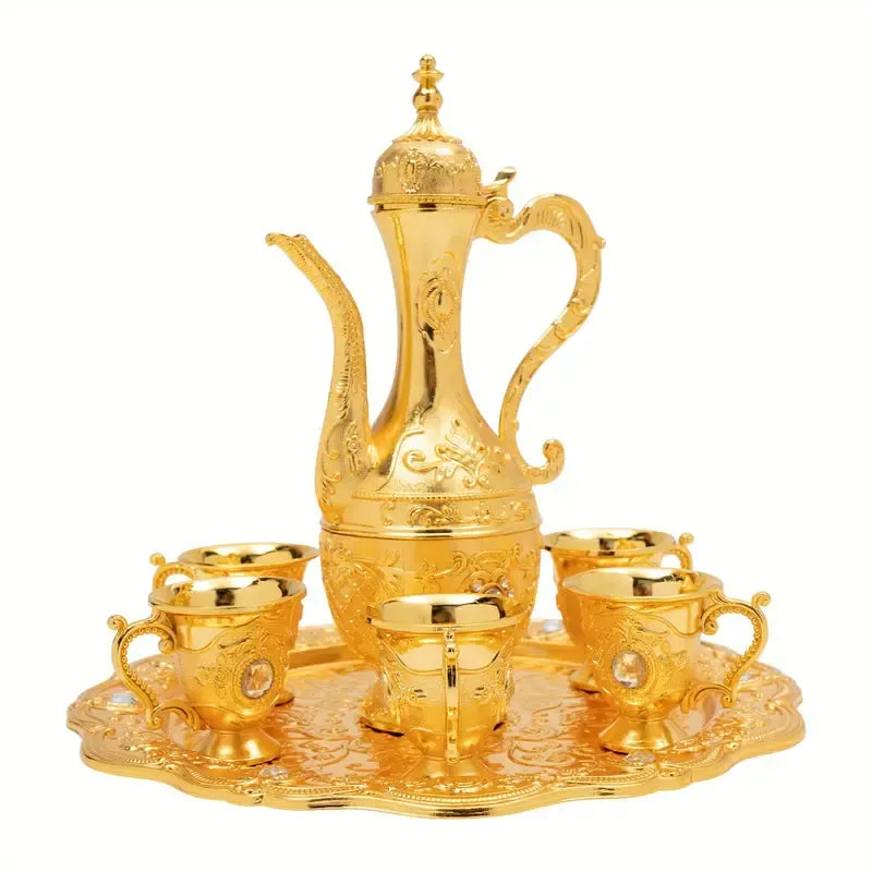 Vintage Metal Turkish Tea Pot Set, Gold, Red, White & Silver