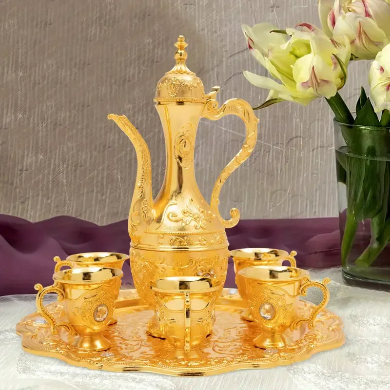 Vintage Metal Turkish Tea Pot Set, Gold, Red, White & Silver