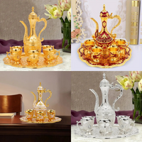 Vintage Metal Turkish Tea Pot Set, Gold, Red, White & Silver