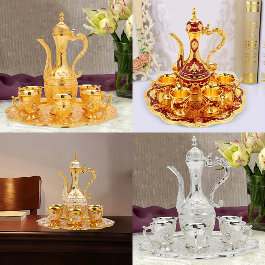 Vintage Metal Turkish Tea Pot Set, Gold, Red, White & Silver