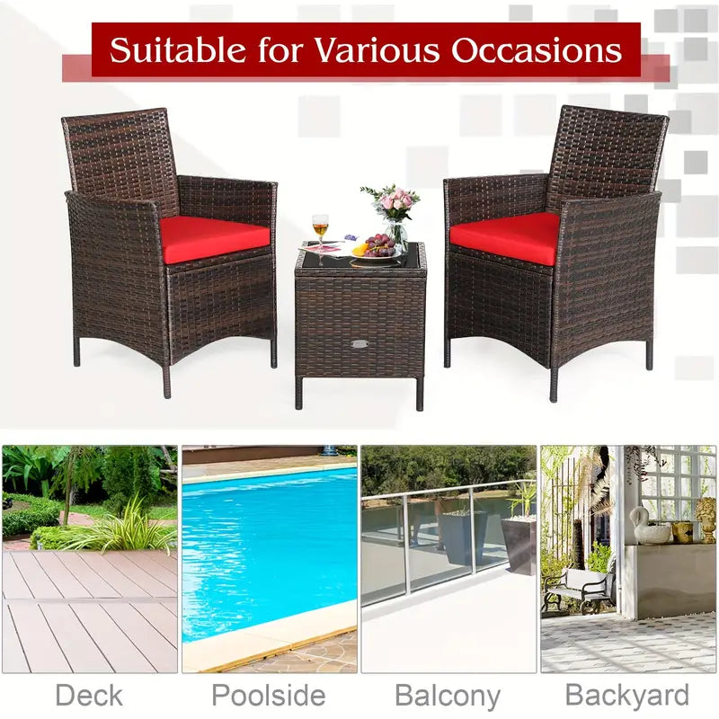 3 Pcs Rattan Outdoor  Furniture Set with Red Cushion & Glass Table