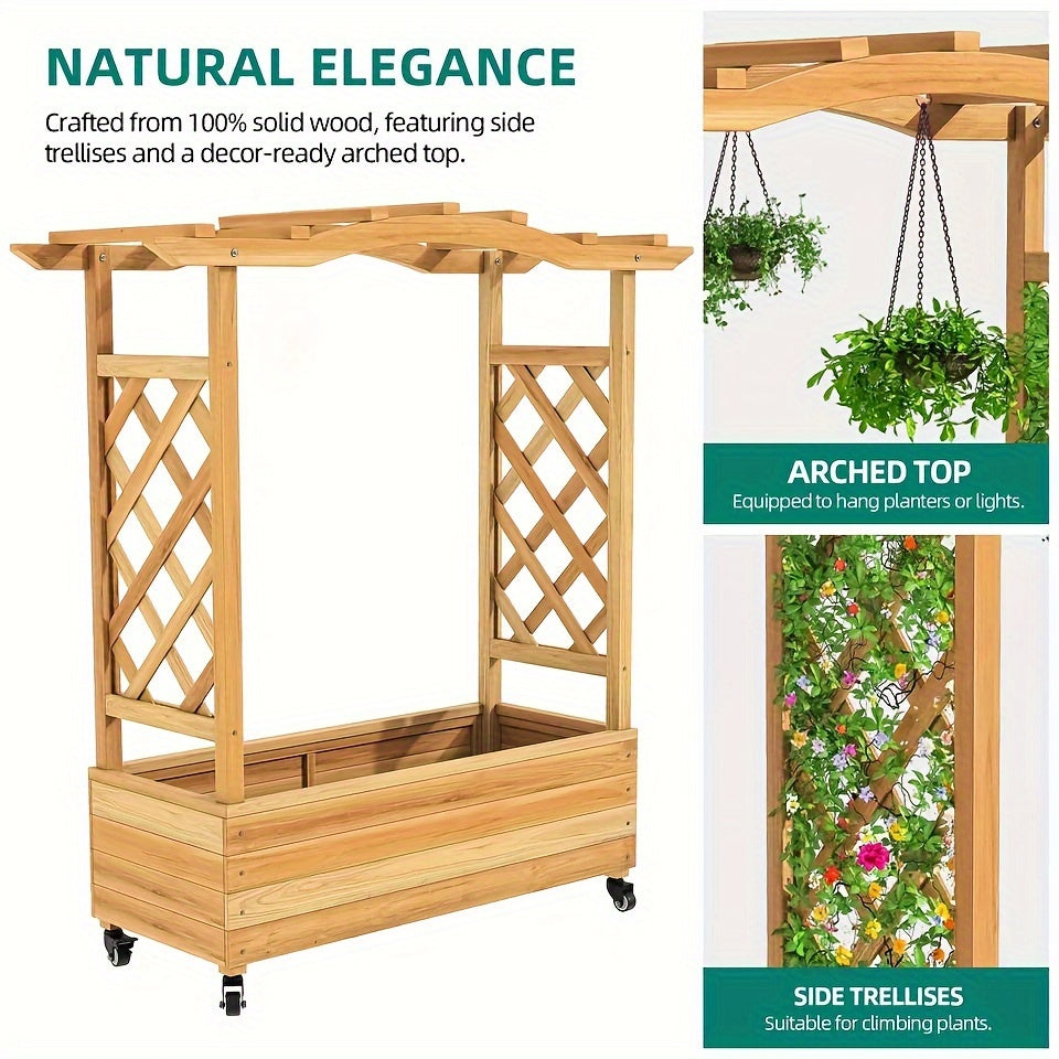 Cedar Wood Raised Garden Bed with Trellis and Wheels