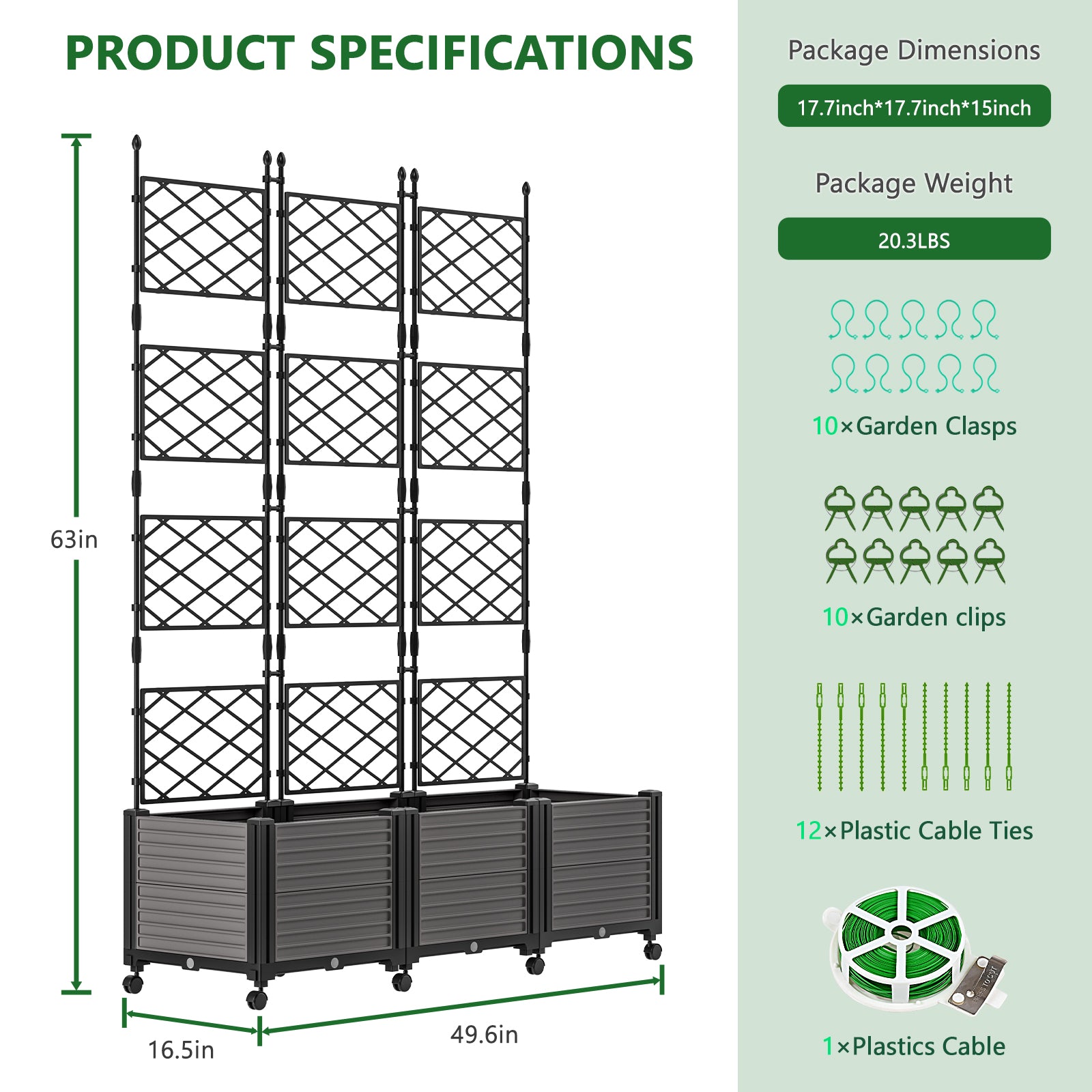 3 Planter Box with Wheels and Trellis