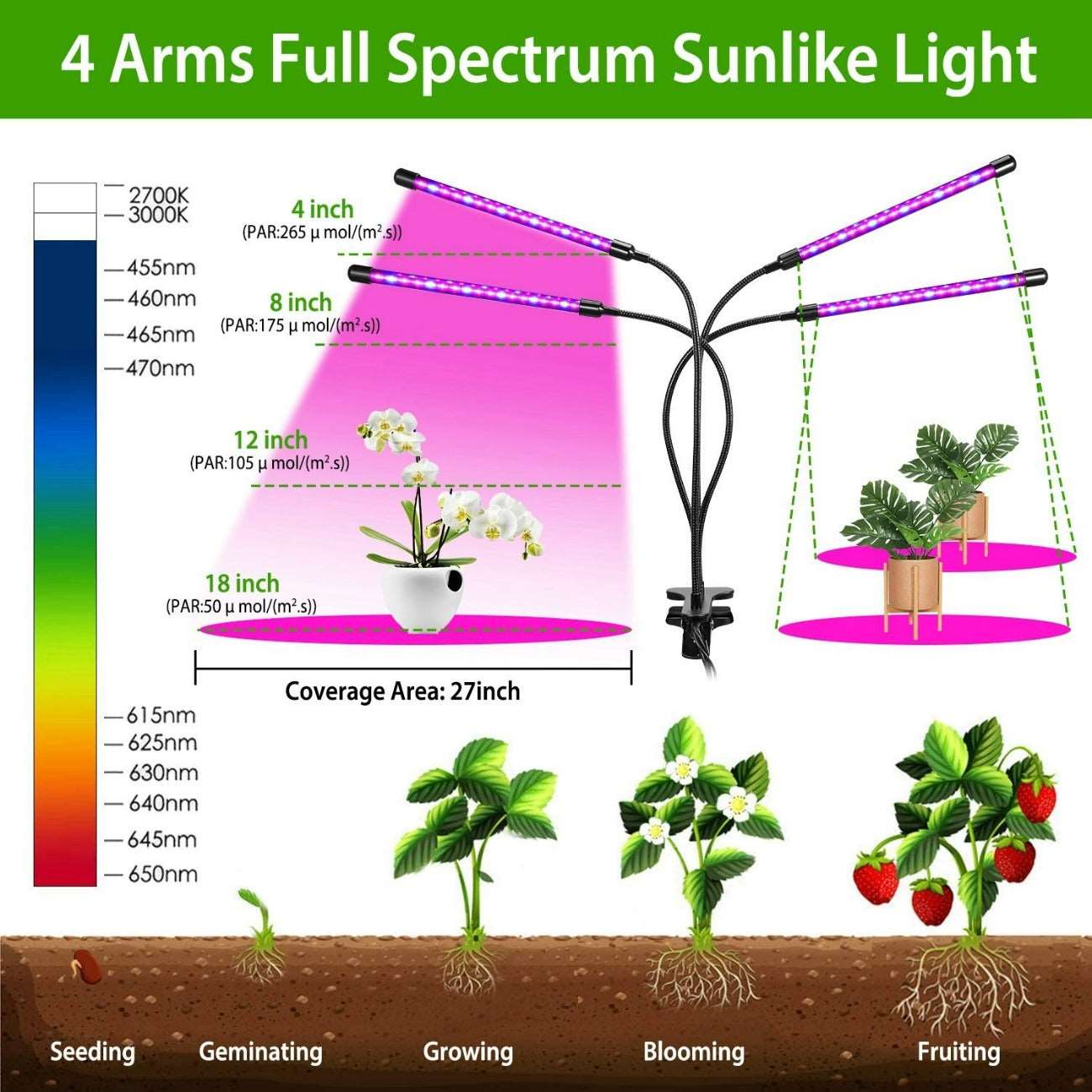 Dimmable Grow Lights with 4 Arms Spectrum Light