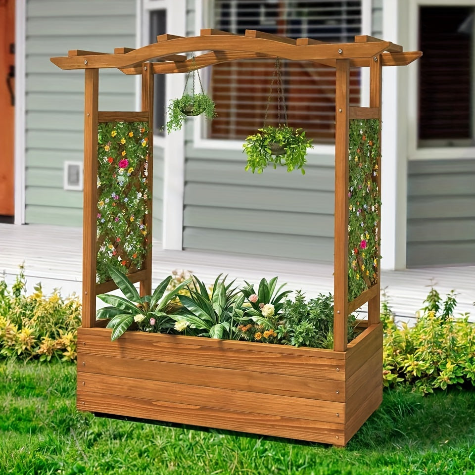 Cedar Wood Raised Garden Bed with Trellis and Wheels