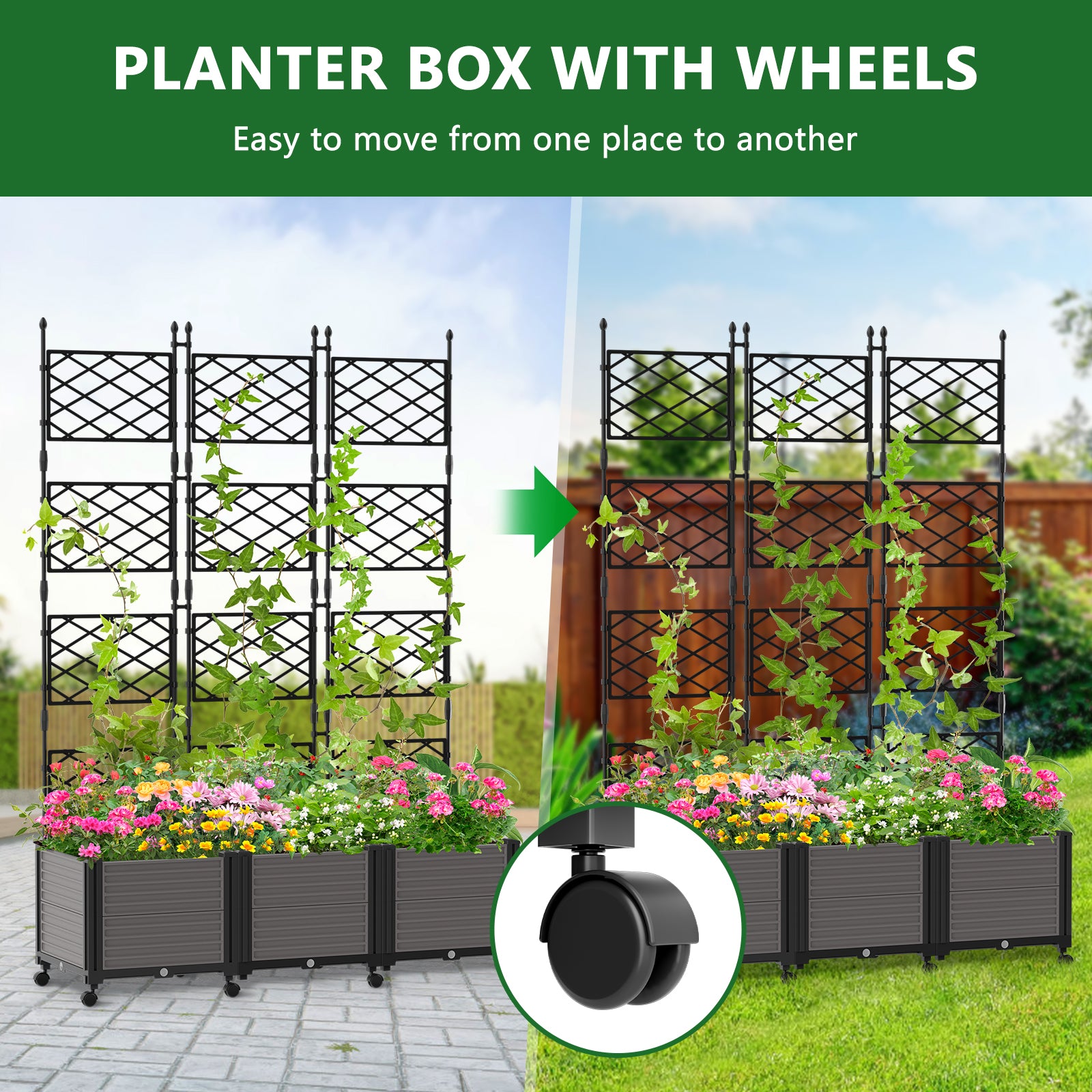 3 Planter Box with Wheels and Trellis