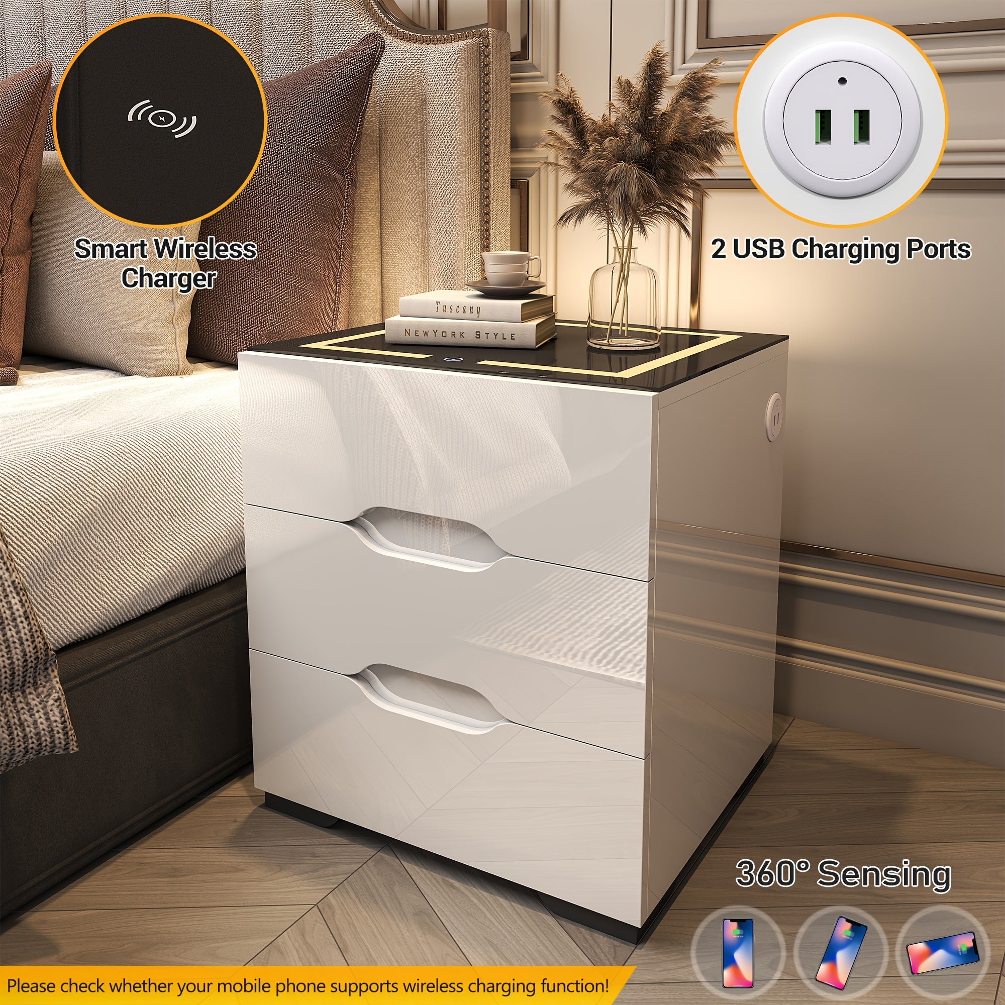 Nightstand Side Table with Wireless Charging Station, LED Lights & 3 Drawers