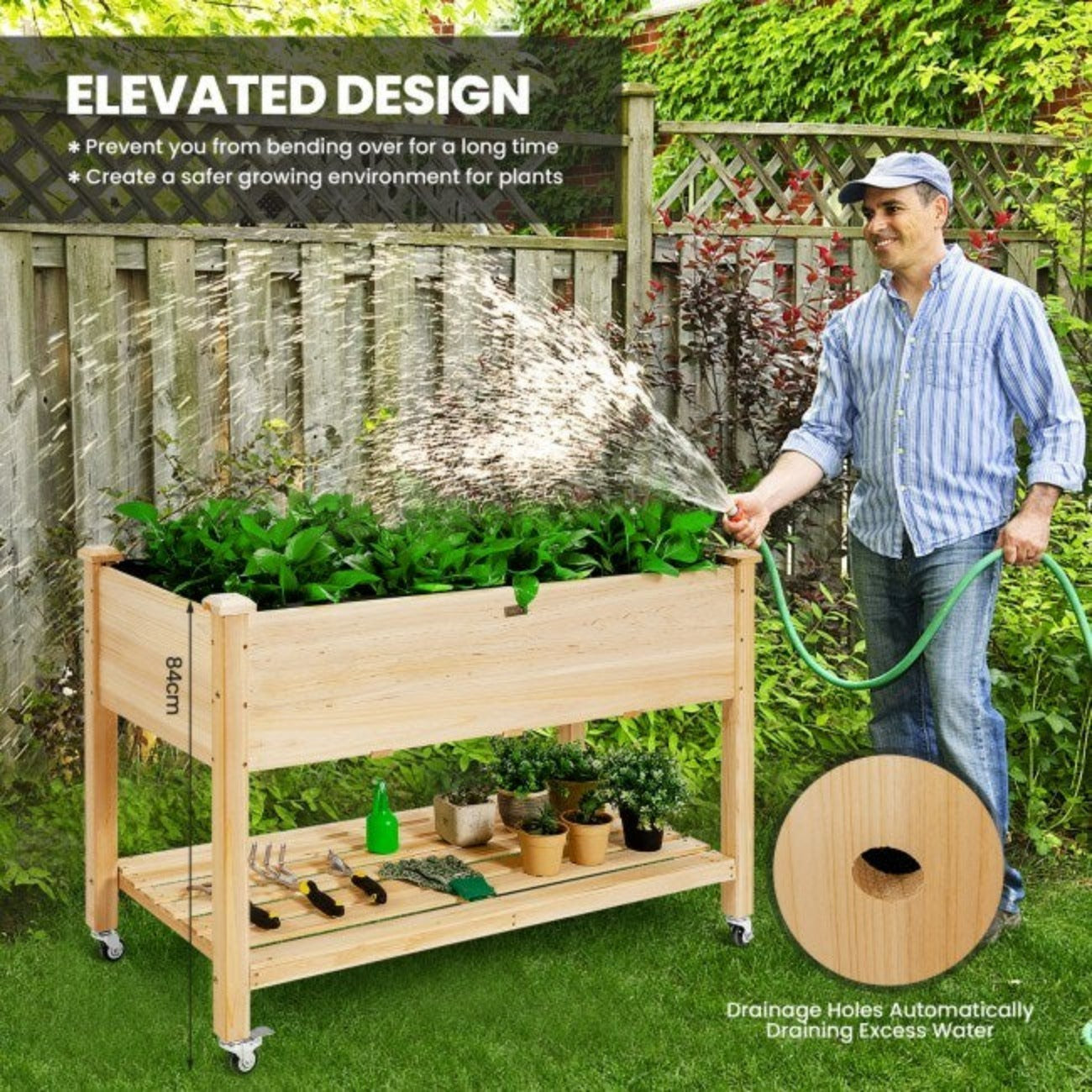 Elevated Wooden Planter Box with Wheels
