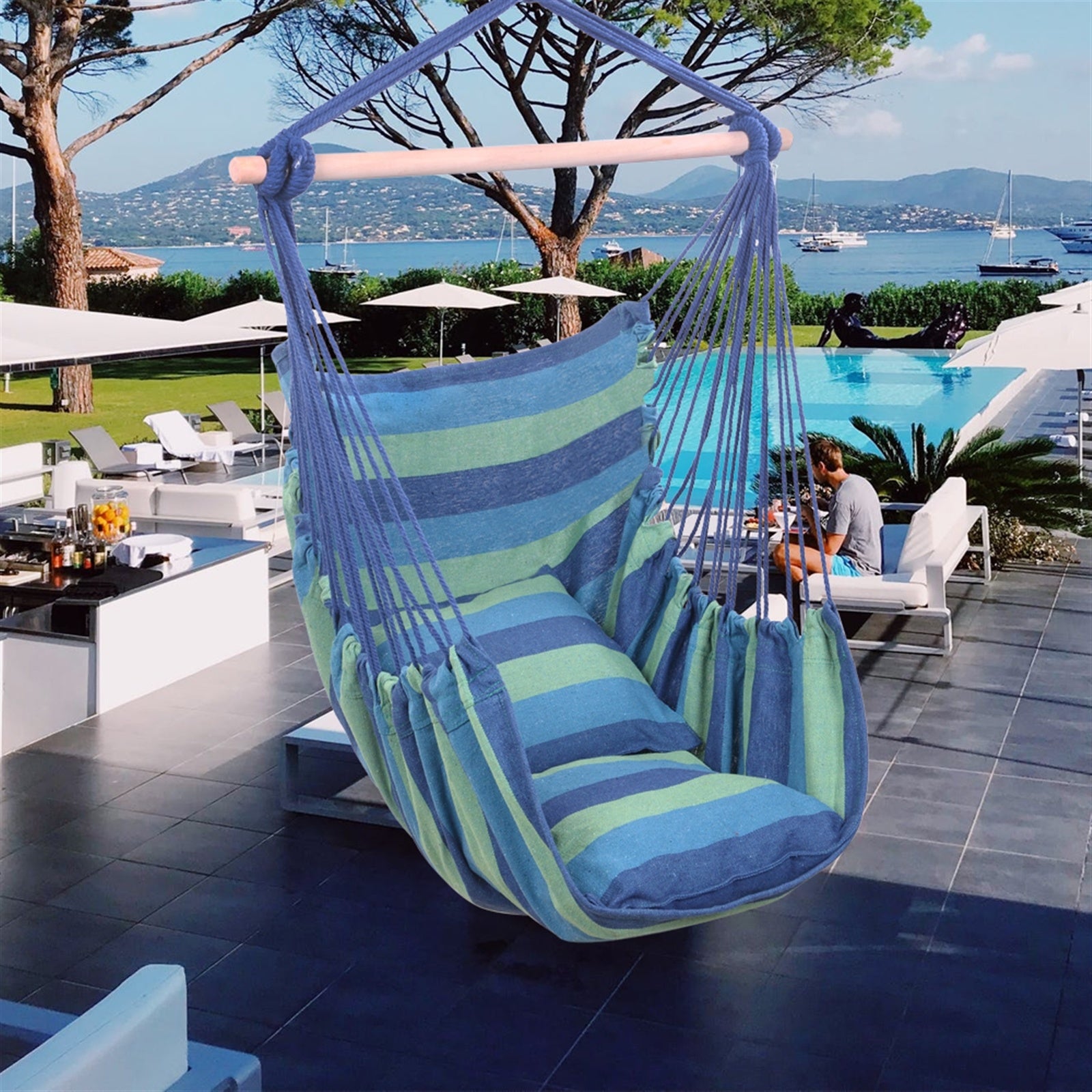 Rope Hanging Chair, Blue Swing Seats with Pillows