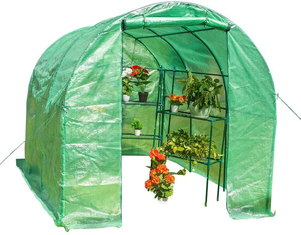 Large Green House with Waterproof PE Cover and Zippered Door.